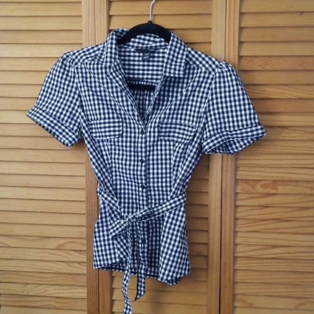 H&M Short Sleeve Button Up Black & White Gingham Print Blouse Size 6